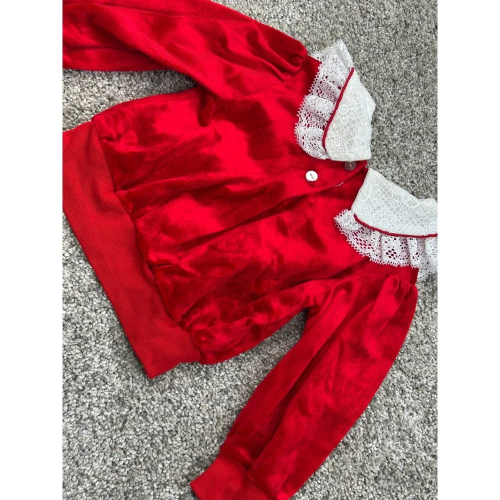 Vintage New York Kids Red Velour Lace Collar Outfit Set 24MO Holiday USA #0633